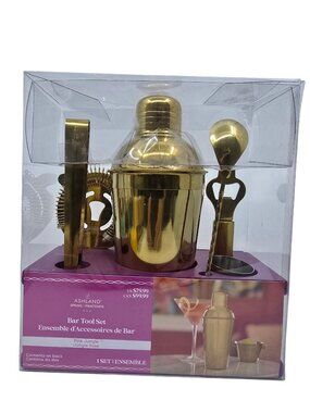 Ashland Gold Tone 6 Piece Bar Tool Set & Purple Stand NEW